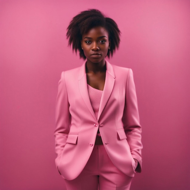 ピンクの背景にピンクのスーツを着たアフリカ黒人の若い女性