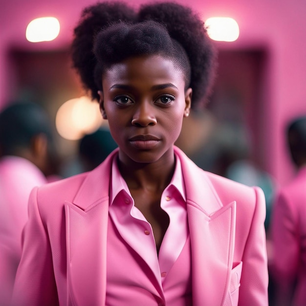 A african black young woman in pink suit with pink background