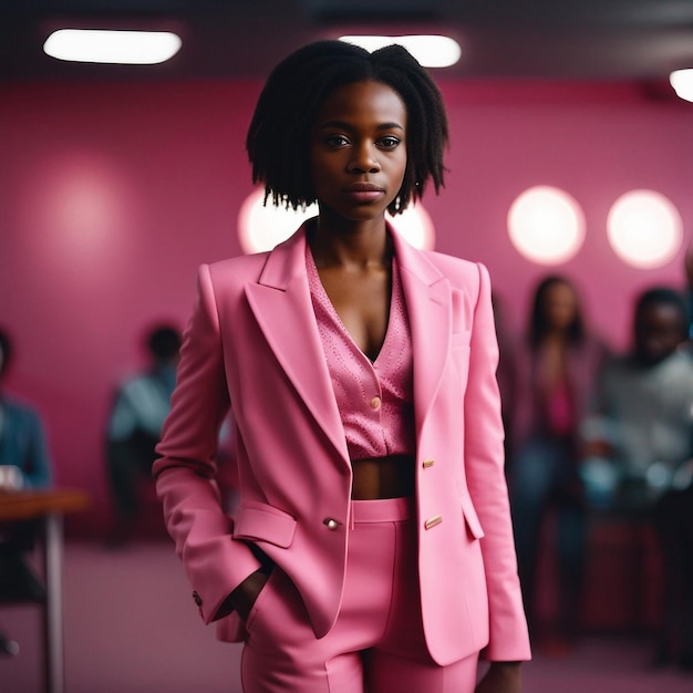 A african black young woman in pink suit with pink background