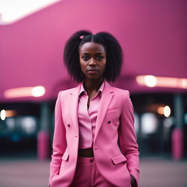 Африканская темнокожая молодая женщина в розовом костюме на розовом фоне