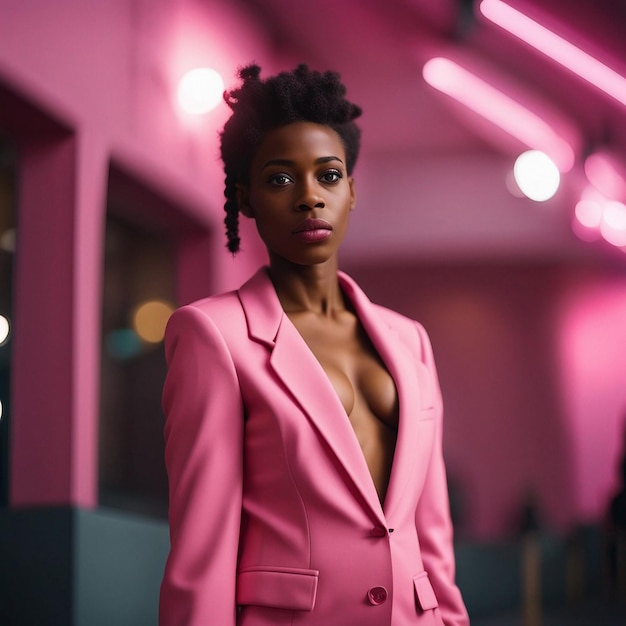 A african black young woman in pink suit with pink background