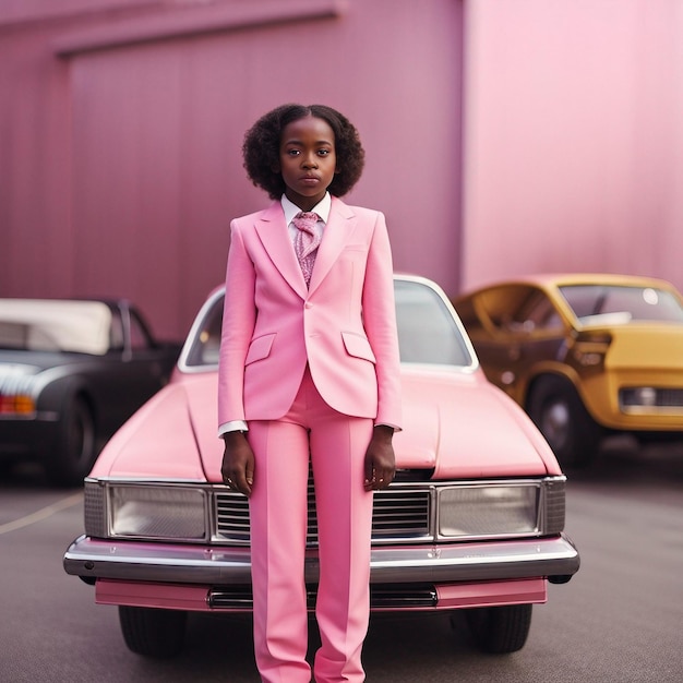 A african black young woman in pink suit with pink background