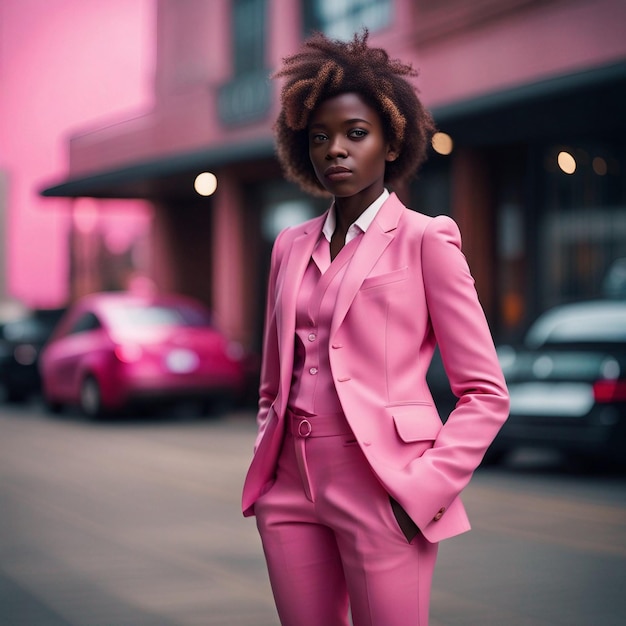 분홍색 배경의 분홍색 정장을 입은 아프리카 흑인 젊은 여성