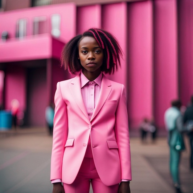분홍색 배경의 분홍색 정장을 입은 아프리카 흑인 젊은 여성