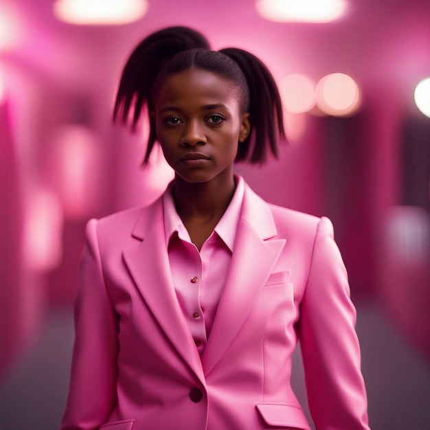 A african black young woman in pink suit with pink background