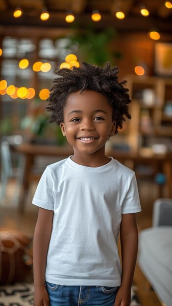 African boy on background of modern loft colorful living room of house