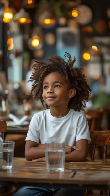 사진 현대 카페 에서 테이블 에 앉아 있는 색 티셔츠 와 청바지 를 입은 아프리카 소년