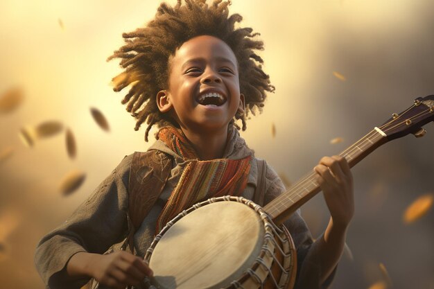 Photo african boy playing a traditional instrument generative ai