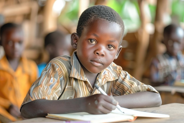 African boy in a shirt sits at a school desk in a classroom and writes in a notebook Secondary school education of children