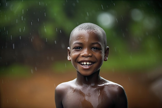 An African boy smiles in the rain