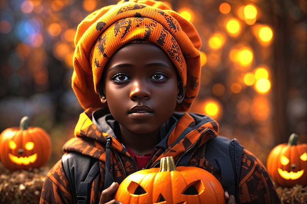 African boy with Halloween pumpkin ai generative