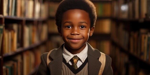 African boy with textbooks in the library first day of school High quality photo Generative AI