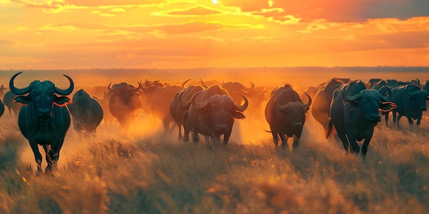 African buffalo herd in motion across the savanna Concept Wildlife Photography African Buffalos Savanna Ecosystem Herd Behavior Nature Movement