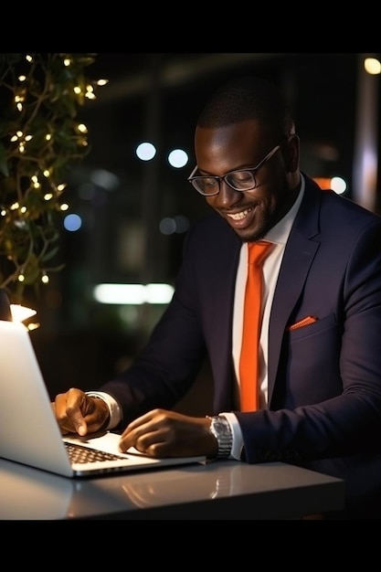 african businessman and working at night typing on keyboard for corporate research in office