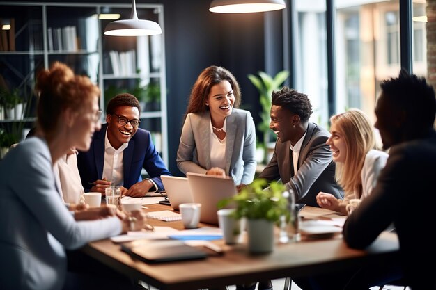 African Businesswoman Leads Diverse Team of Businesspeople in Collaborative Negotiation at Boardroom