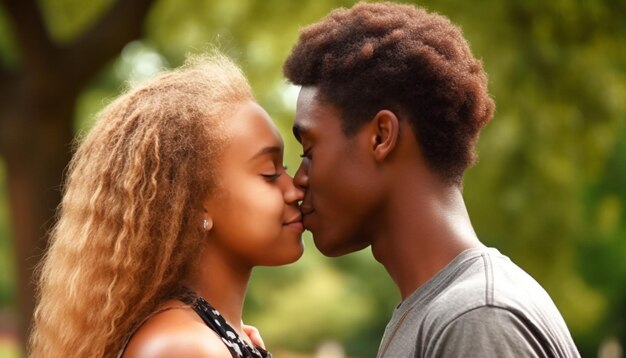 Photo african and caucasian couple smiling embracing enjoying nature and flirting generated by artificial intelligence