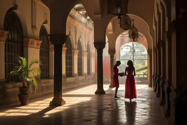 African and caucasian girls on corridor of university