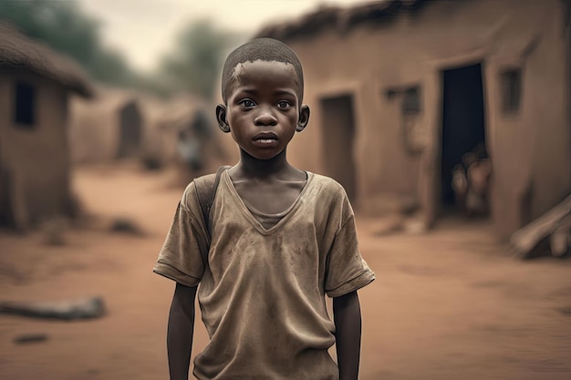 路上でたくさんの汚い顔をしたアフリカの少年