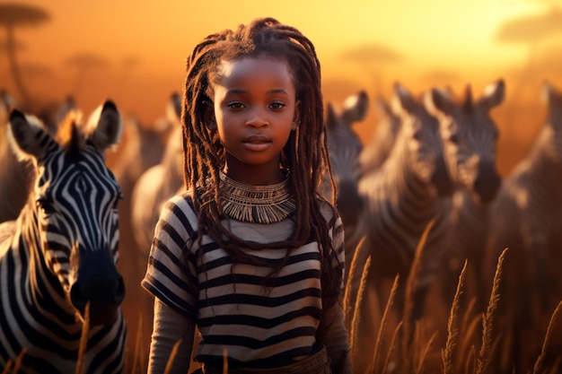 얼룩말 아프리카 문화를 배경으로 들판에 있는 아프리카 어린이 AI 생성 예술 이미지