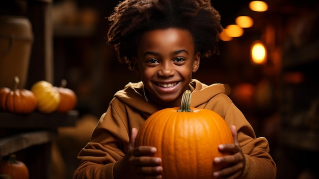 ハロウィーンのために南瓜を持ったアフリカの子供