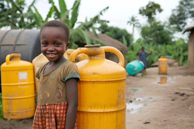 An African child stands near water cans in the village