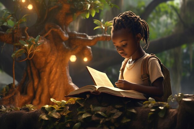 Photo african child studying under a tree symbolizing generative ai