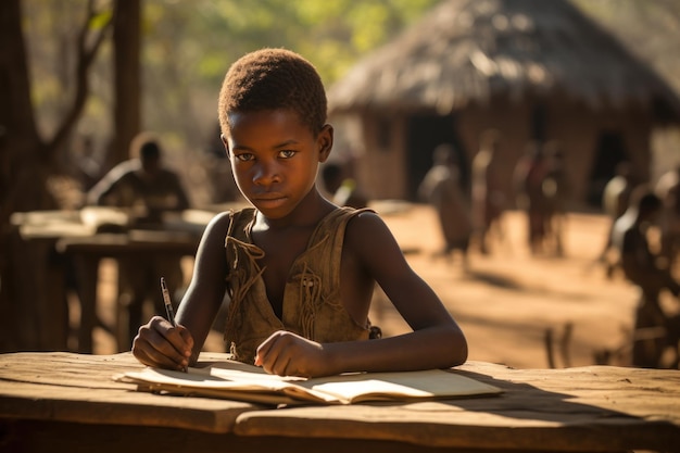 African child studying with focus in a tribal village setting