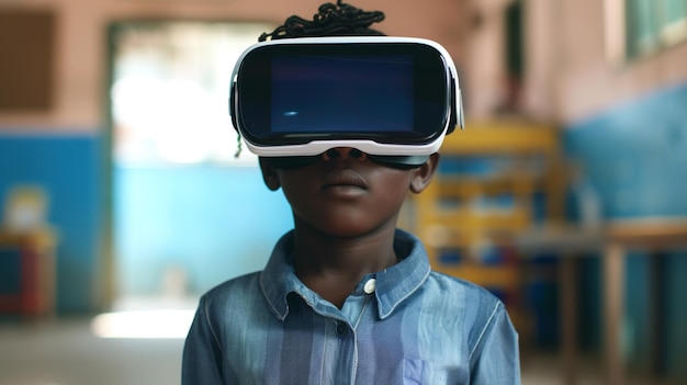 写真 学校の背景にvrメガネをかけたアフリカの子供