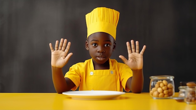 테이블 위에 노란색 앞치마를 두르고 회색 배경을 가진 아프리카 어린이 요리사가 손을 들고 있는 동안