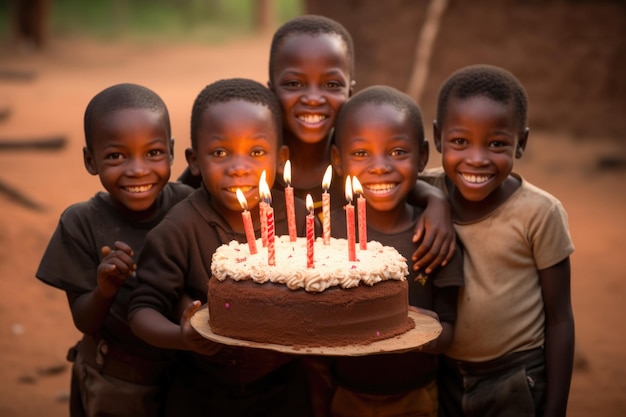 誕生日ケーキを持って誕生日を祝うアフリカの子供たち
