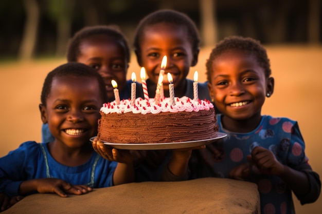 誕生日ケーキを持って誕生日を祝うアフリカの子供たち