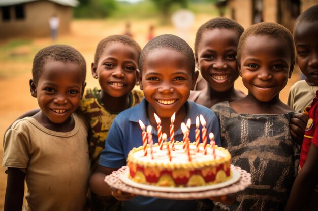 아프리카 의 어린이 들 은 생일 축하 를 위해 생일 케이크 를 들고 있다