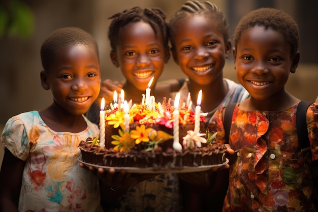 African children holding a birthday cake to celebrate happy birthday