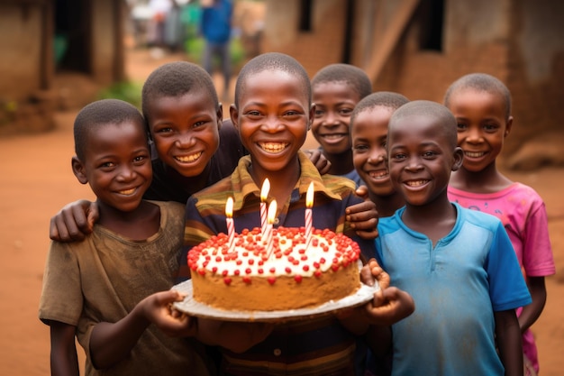 誕生日ケーキを持って誕生日を祝うアフリカの子供たち