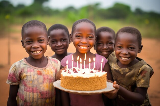 誕生日ケーキを持って誕生日を祝うアフリカの子供たち