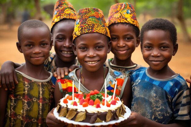 誕生日ケーキを持って誕生日を祝うアフリカの子供たち