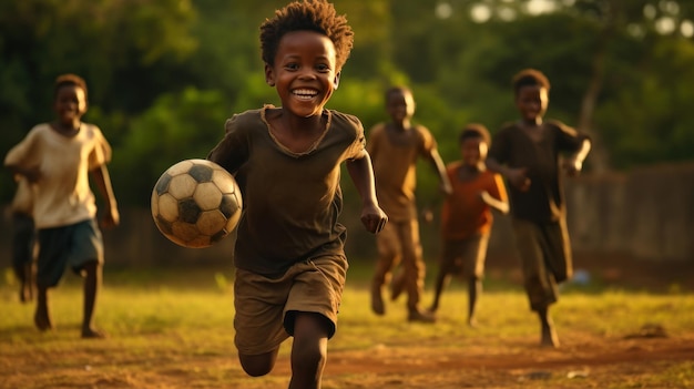 貧しいスラム街のアフリカの子供たちはスラム村のサッカー場でボールをタップするのを楽しんでいます