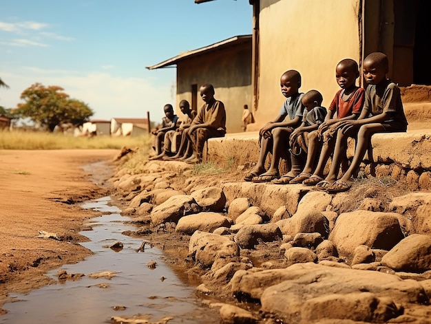 Foto i bambini africani guardano lo scarico dell'acqua la siccità sta arrivando