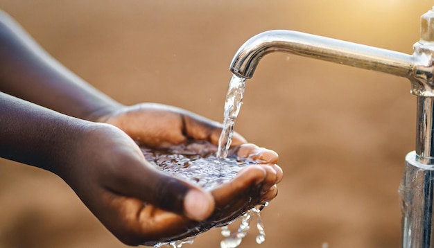 African childs hands at a clean water faucet symbolizing access to essential resources and hope fo