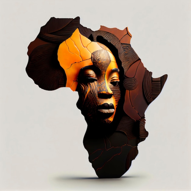 写真 アフリカ大陸内に刻まれた茶色と黄色の色合いを持つ女性のイラスト入り肖像画