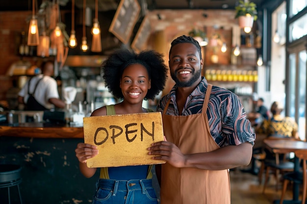 Photo african couple colleagues and small business owners with open sign