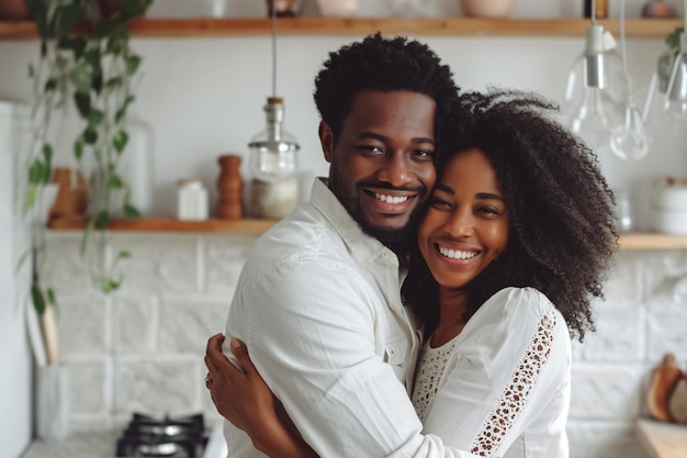 Photo an african couple cuddling in kitchen