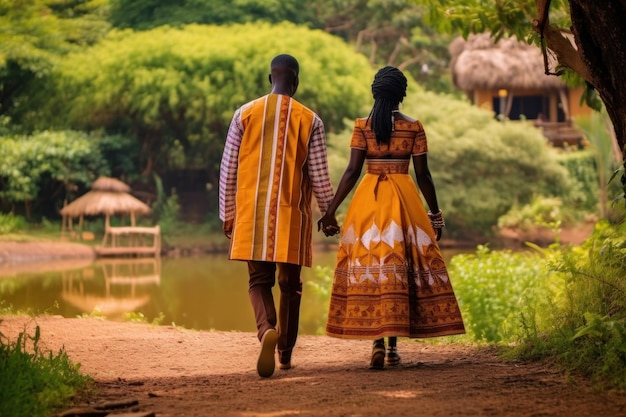 Photo african couple in traditional wedding clothes walking at africa town generative ai