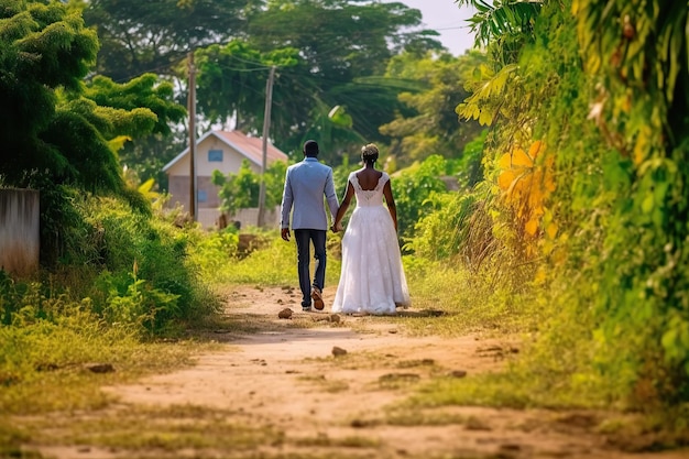 African couple in traditional wedding clothes walking at Africa town Generative AI