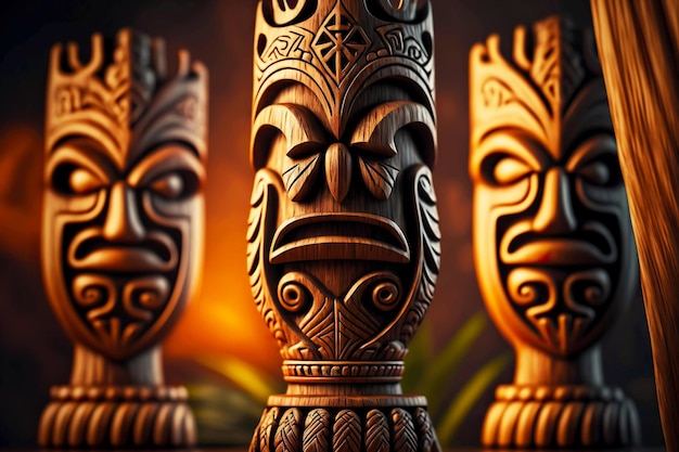 African culture wooden tiki mask with faces on blurred background