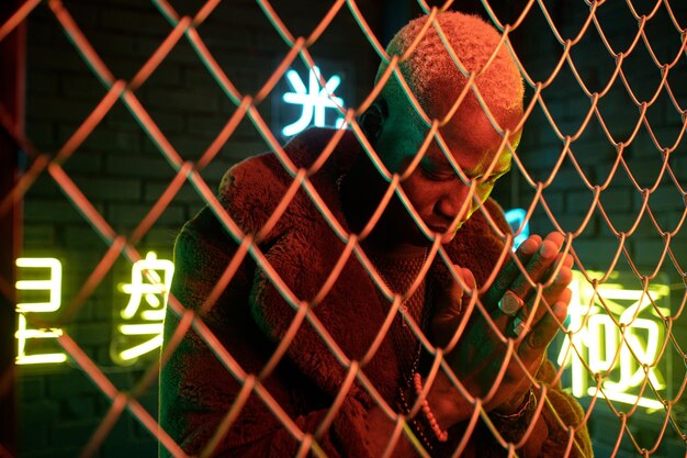 african cyberpunk man praying with his eyes closed behind the bars with neon hieroglyphs meaning nirvana and western paradise in the background