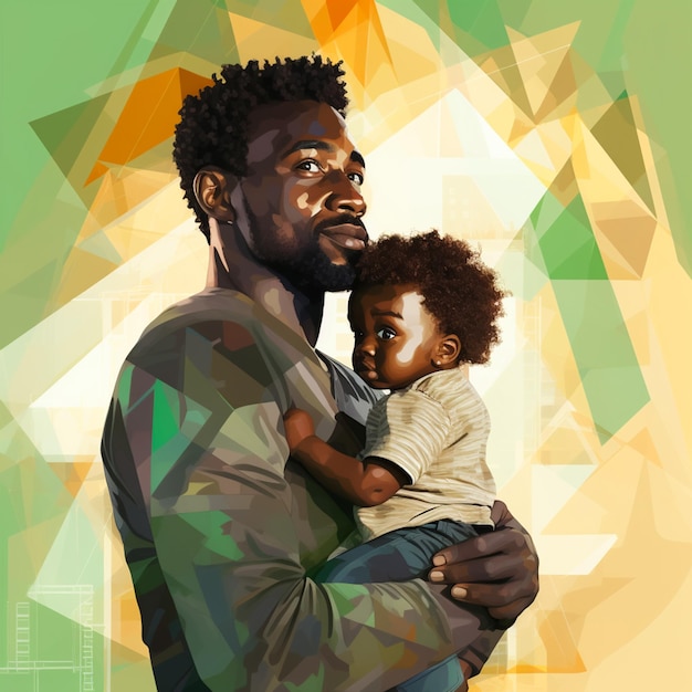 african dad with baby in his arms luminous with key concept on arial gray background