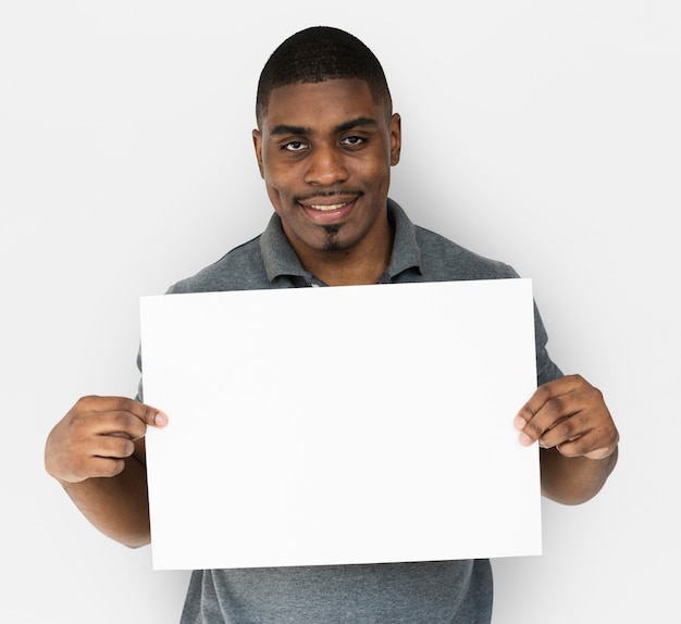 African decent man is holding placard