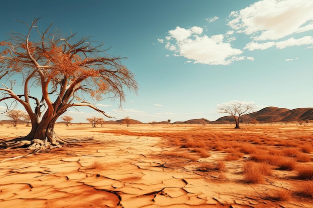 Foto paesaggio desertico africano con alberi sterili ai generativa della stagione calda e secca soleggiata