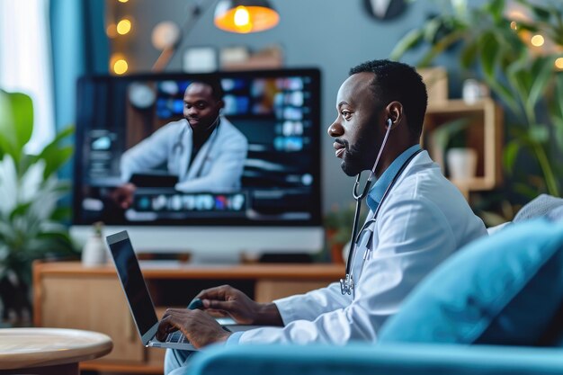 African doctor doing healthcare in online through video call with a big copy space Generative AI